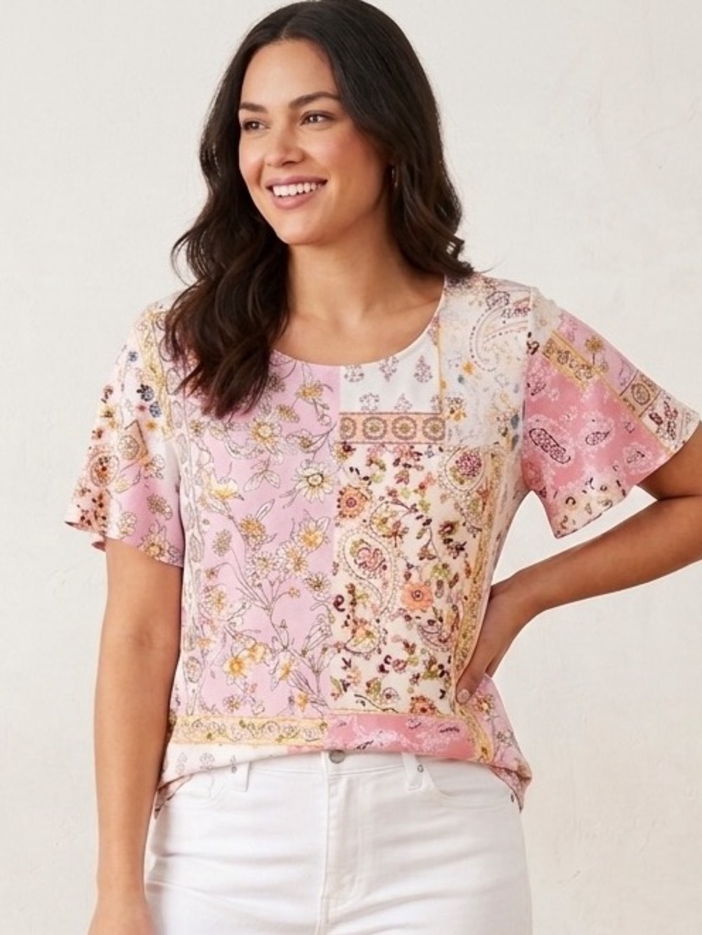 Counterparts XL Women's Floral Tee, Flare Sleeves, scoop neck Cosmo Patchwork
